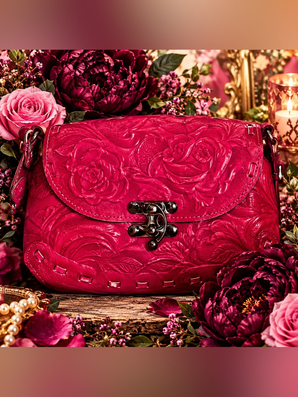 Patricia Nash Embossed Floral Leather Crossbody - Magenta